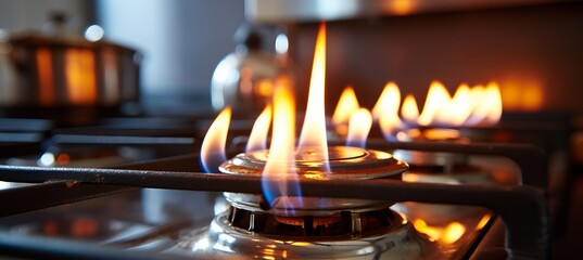 Burning gas flame on kitchen stove with black cast iron frame nearby