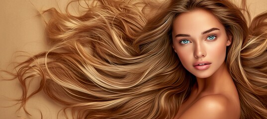 Blonde woman portrait for hair care product ad, web banner background, studio shot with copy space