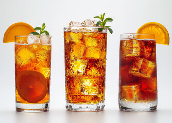 Glasses of cocktails over white background. A colorful image featuring three glasses filled with various kinds of beverages.