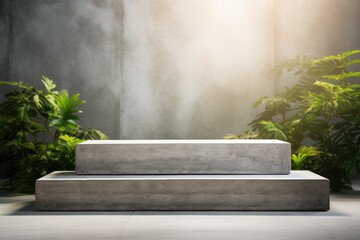 Concrete podium on a light background with green leaves. Rectangular podium for product presentation. A minimalist scene for advertising product. Place for logo. Abstraction.