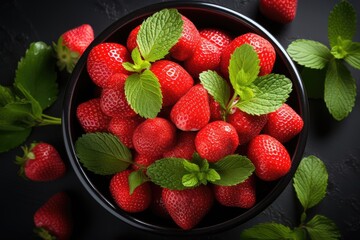 Fresh sweet strawberries in plate top view. Strawberry with mint and citrus. Appetizing fruits. Summer berries.