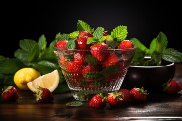 Strawberries and lime in glass. Cocktail with pieces of berries and slices of lemon. A refreshing summer cocktail with ice cubes and mint.