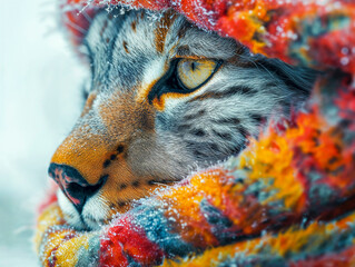 photo of anthropomorphic cat in winter wearing a colorful scarf