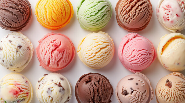 Scoops of different varieties of ice cream on a white background.