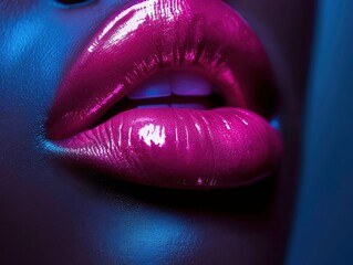 Attractive plump lips young beautiful girl close-up model with purple gloss and bright make-up. Beauty portrait of model in studio. Soft focus. Purple lighting and shading. - obrazy, fototapety, plakaty