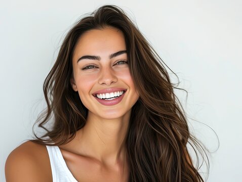 Just look at that stunning smile. Portrait of a stunning young woman with smooth, glowing skin.