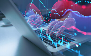 concept exposure of candle stick graph chart with indicator with stock market price screen and city background, stock exchange trading, investment and financial futuristic screen