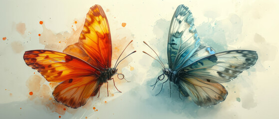 Various butterflies with different colors. Two butterflies gracefully soar side by side through the air, their delicate wings fluttering in harmony.