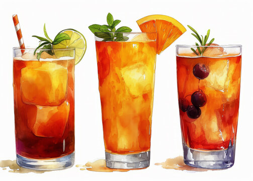 Various cocktails on a transparent background. An image featuring three glasses filled with a variety of beverages.