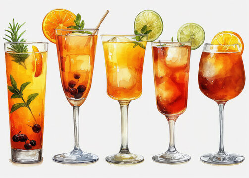 Various cocktails on a transparent background. A colorful painting showcasing a variety of four distinct types of drinks with vibrant hues.