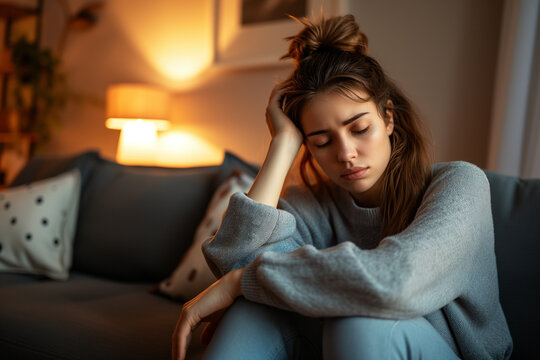 Stressed Young Woman Sitting on Sofa at Home