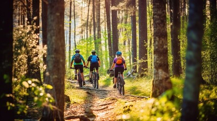 Obraz premium cycling in nature, walks along forest paths, hiking in the mountains, collective active recreation. Couples with children spend time with their parents. 