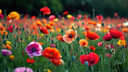 Fototapeta premium poppies in various hues, forming a vivid and picturesque floral background generative ai