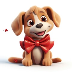 3d cute dog with a red bow on a white background. Valentine's Day concept