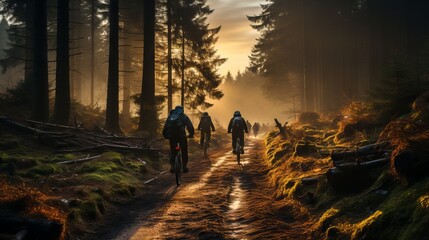 Fototapeta premium cycling in nature, walks along forest paths, hiking in the mountains, collective active recreation. Couples with children spend time with their parents. 