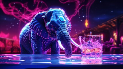 Elephant animal drinking water Neon light AI Generated pictures
