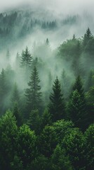 Dense Fog Blanketing a Lush Forest With
