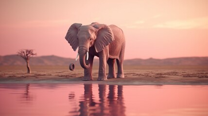 Fototapeta na wymiar Elephant animal drinking water pink light AI Generated pictures