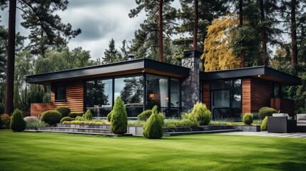 Luxury minimalist cubic house with wooden cladding and black panel walls in landscaped front yard