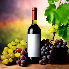 Obraz premium Bottle of red wine with bunches of grapes next to it.
