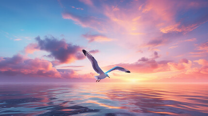 Seagull and violet clouds Seagull flying in violet sky over the sea , Generate AI - obrazy, fototapety, plakaty