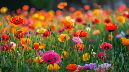 Naklejka premium poppies in various hues, forming a vivid and picturesque floral background generative ai