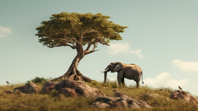 Elephant animal hill next tree AI Generated pictures