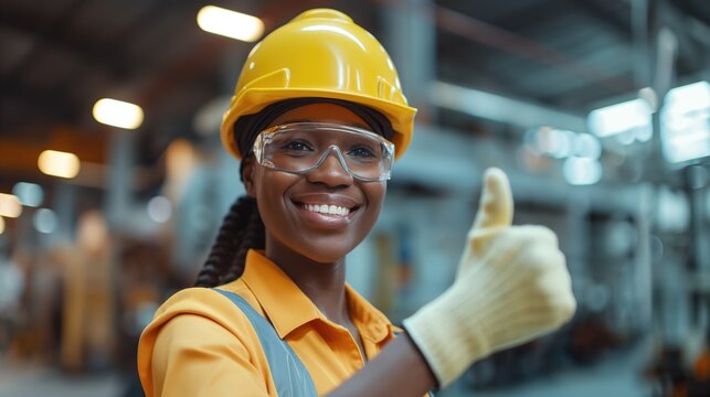 African American Young Woman With A Braid Wearing Yellow Hard Hat At Light Heavy Machinery Plant With Her Thumb Up Simling With Toothy Smile And Goggles