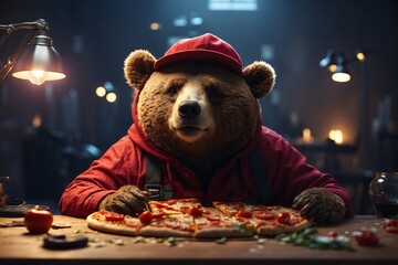 A bear in a red hat eats pizza