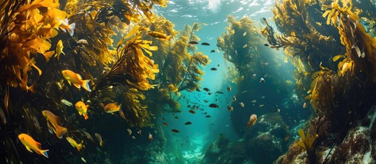 Fototapeta na wymiar Kelp forest canopies cover sea surface near California's Channels Islands.