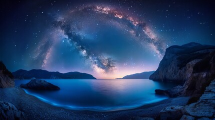 Arched Milky Way over the beautiful mountains and blue sea at night in summer. Colorful landscape with bright starry sky with Milky Way arch, moonlight, constellation, water. Galaxy. Nature and space - obrazy, fototapety, plakaty