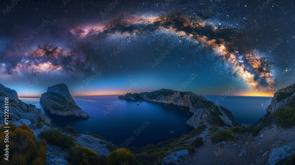 Wall mural Arched Milky Way over the beautiful mountains and blue sea at night in summer. Colorful landscape with bright starry sky with Milky Way arch, moonlight, constellation, water. Galaxy. Nature and space