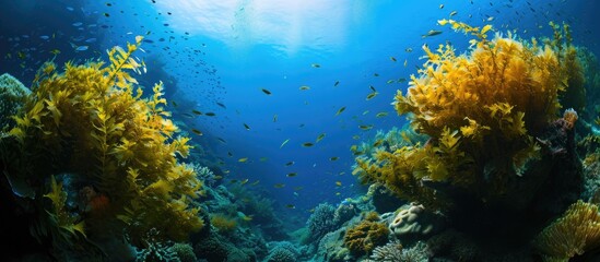 Underwater scenery with plants, fish, diving, photography, wildlife, ocean travel.