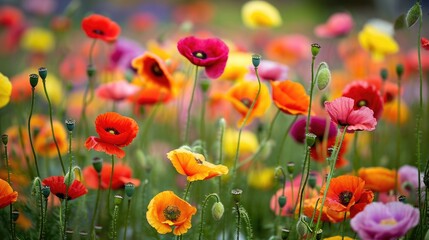 poppies in various hues, forming a vivid and picturesque floral background generative ai