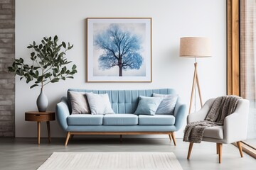 Blue living room interior with a tree poster, gray armchair, and green plant