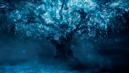 Poster Paysage fantastique Fantasy night landscape with magical old tree, neon landscape.