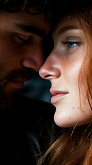 Man and woman face to face. Tenderness and love. Lovers and happy. Close-up.