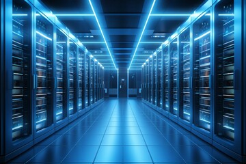 Fototapeta premium Visually captivating modern data center with state of the art server racks emitting a soft blue glow