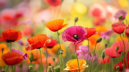 Fototapeta premium poppies in various hues, forming a vivid and picturesque floral background generative ai