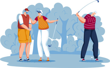 Three people playing golf, two men watching while one swings club. Casual outdoor sports scene with friends. Golfers enjoying a game together vector illustration.