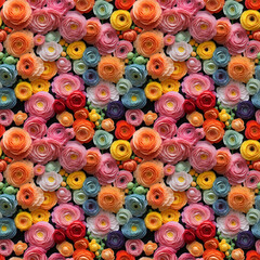 Hyper Realistic Colorful Crocheted Ranunculus Seamless Pattern