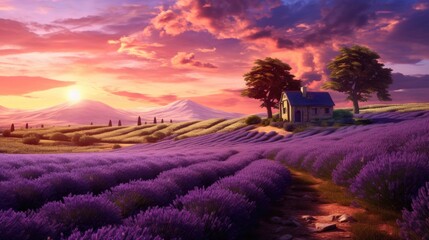Fototapeta na wymiar Lavender field Summer sunset landscape with tree. Blooming violet fragrant lavender flowers with sun rays with warm sunset sky