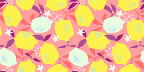 Seamless bright pattern with abstract lemons. Citrus fruit with leaves, flowers. Vector graphics.