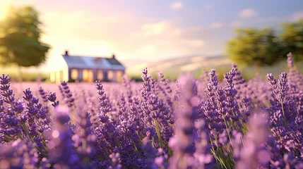 Fototapeten Lavender field Summer sunset landscape with tree. Blooming violet fragrant lavender flowers with sun rays with warm sunset sky © David