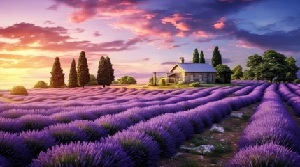 Gardinen Lavender field Summer sunset landscape with tree. Blooming violet fragrant lavender flowers with sun rays with warm sunset sky © David