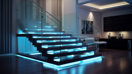 A futuristic staircase with illuminated glass treads and a sleek stainless steel handrail. The...