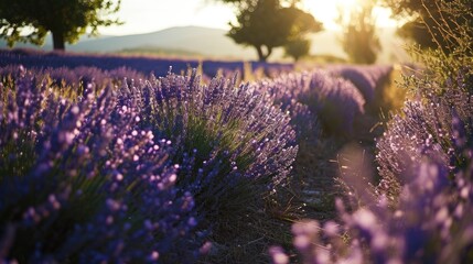 Lavender field Summer sunset landscape with tree. Blooming violet fragrant lavender flowers with sun rays with warm sunset sky