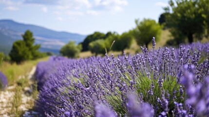 Lavender field Summer sunset landscape with tree. Blooming violet fragrant lavender flowers with sun rays with warm sunset sky