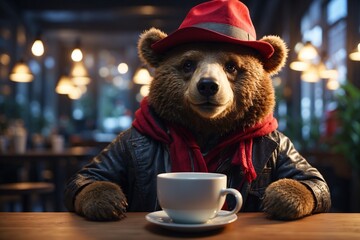 A bear in a red hat drinks a tea