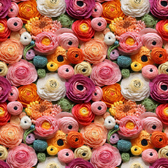 Fototapeta na wymiar Hyper Realistic Colorful Crocheted Ranunculus Seamless Pattern